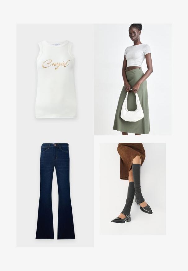Bílý bezramínkový žebrovaný top s metalickým zlatým nápisem "Cowgirl" přes hruď, vystavený na jednobarevném pozadí.; Tmavě modré zvonové džíny vyrobené z denimu, s knoflíkovým zapínáním, dvěma předními kapsami a hladkou texturou.; Černé lakované boty s špičatou špičkou, blokovým podpatkem a kotníkovým páskem, spárované s šedými žebrovanými návleky na nohy a hnědskou sukní z semiše.; Šedý pruhovaný crop top a olivově zelená sukně s vysokým pasem. Modelka drží bílou kabelku přes rameno s výřezovými detaily. Jednoduchý design, přiléhavý silueta.