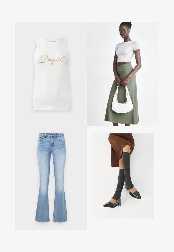 Witte mouwloze geribbelde tanktop met gouden metallic tekst "Cowgirl" op de borst, weergegeven op een effen achtergrond.; Lichtblauwe flared jeans van denim. Beschikt over een traditionele vijf-pocketontwerp en een rits met een knoopsluiting. Vervaagde effecten op de dijen.; Zwarte gepatineerde leren pumps met een puntige neus, een blokhak en een enkelbandje, gecombineerd met grijze geribde beenwarmers en een bruine suède rok.; Grijs geribbelde crop top en olijfgroene hoge taille rok. Model houdt een witte schoudertas met uitsparingen vast. Eenvoudig ontwerp, aansluitende silhouet.