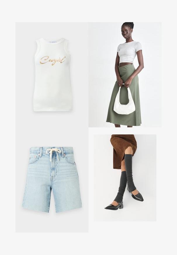 Valkoinen ilmanhihoja ribbinen toppi, jossa on kultainen metallinen teksti "Cowgirl" rinnan kohdalla, esillä yksinkertaisella taustalla.; Vaaleansiniset farkkushortsit, joissa on nauhavyötärö, hieman hapsutettu helma ja viisi taskua. Ominaisuuksina haalistunut pinta ja kupariset niittiakcentit.; Musta lakattu nahkakengät teräväkärkisillä, leveällä kantapäällä ja nilkkahihnalla, yhdistettynä harmaisiin ribattuihin säärystimiin ja ruskeaan mokkasiinimekkoon.; Harmaa ribbattu crop-top ja oliivinvihreä korkeavyötäröinen hame. Malli pitää valkoista olkalaukkua, jossa on leikattu yksityiskohtia. Yksinkertainen muotoilu, vartalonmyötäinen siluetti.