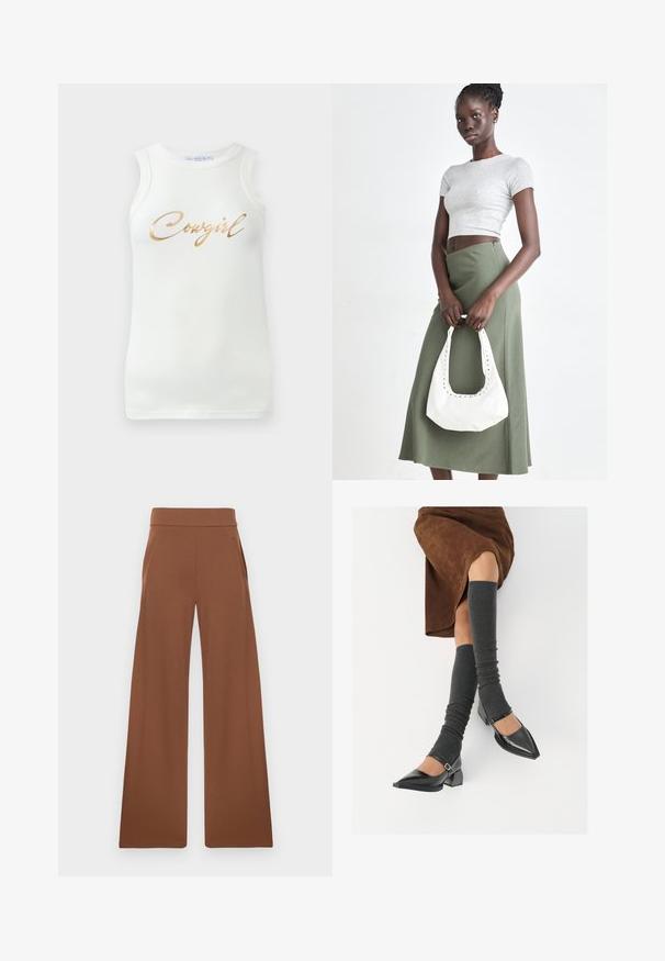 Weißes ärmelloses rippenstrick Tanktop mit goldener metallischer Schrift "Cowgirl" auf der Brust, präsentiert vor einem schlichten Hintergrund.; Braune, weite Hosen aus einem glatten, dehnbaren Stoff. Sie haben einen hohen Bund und Seitentaschen und sind für eine entspannte Passform konzipiert.; Schwarze lacklederne spitze Schuhe mit Blockabsatz und Knöchelriemen, kombiniert mit grauen gerippten Beinstulpen und einem braunen Wildlederrock.; Grauer gerippter Croptop und olivgrüner Rock mit hoher Taille. Das Modell hält eine weiße Schultertasche mit Ausschnittdetails. Schlichte Gestaltung, taillierte Silhouette.