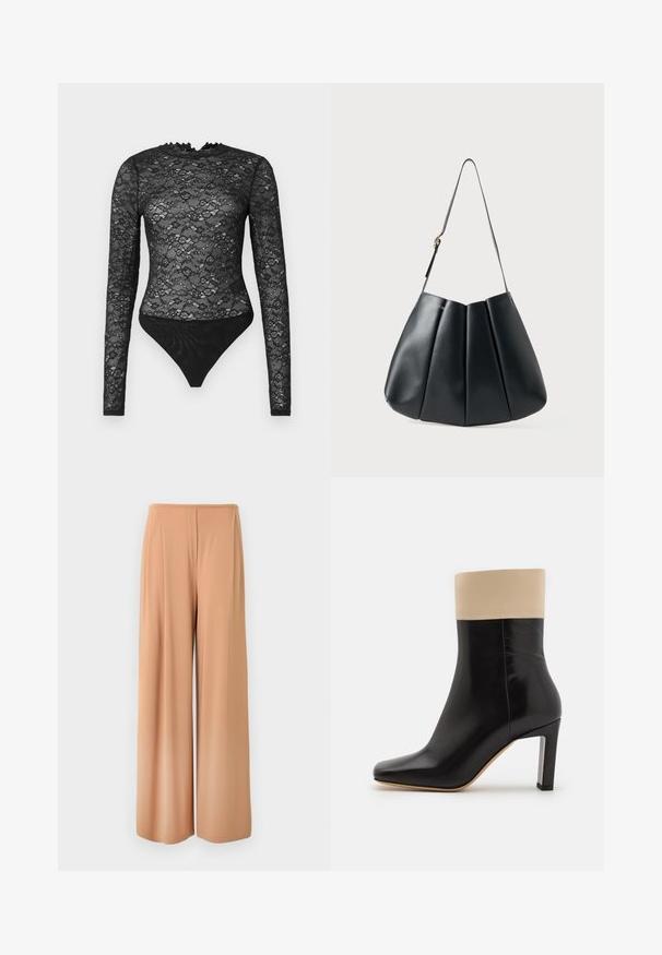 Černý krajkový body s dlouhými rukávy, vysokým výstřihem a květinovým vzorem. Disponuje hladkým, přiléhavým střihem a designem na pozadí ve stylu thong.; Béžové široké kalhoty vyrobené z hladkého, lehkého materiálu, s vysokým pasem a jemnými předními skladbami pro zvýšení detailu.; Černá kožená kotníková bota s krémovým akcentem na vrchu, špičatou špičkou a vysokým podpatkem se stříbrným akcentem. Hladký povrch bez viditelných vzorů.; Černá kožená kabelka přes rameno s skládacím designem, hladkým povrchem, jedním popruhem a jemným zlatým kováním.