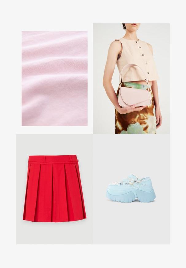 Light pink cotton fabric with a soft texture, featuring subtle variations in hue and gentle folds, indicating draping quality.; Red pleated skirt made from fabric with a smooth texture. Features a waistband with belt loops and structured pleats for added volume.; Light blue platform shoes with a chunky rubber sole, lace accents, and two decorative heart-shaped buckles. Textured surface detail present.; Pink leather handbag with a curved flap, single shoulder strap, and clean lines. The bag exhibits a smooth texture and minimalistic design.