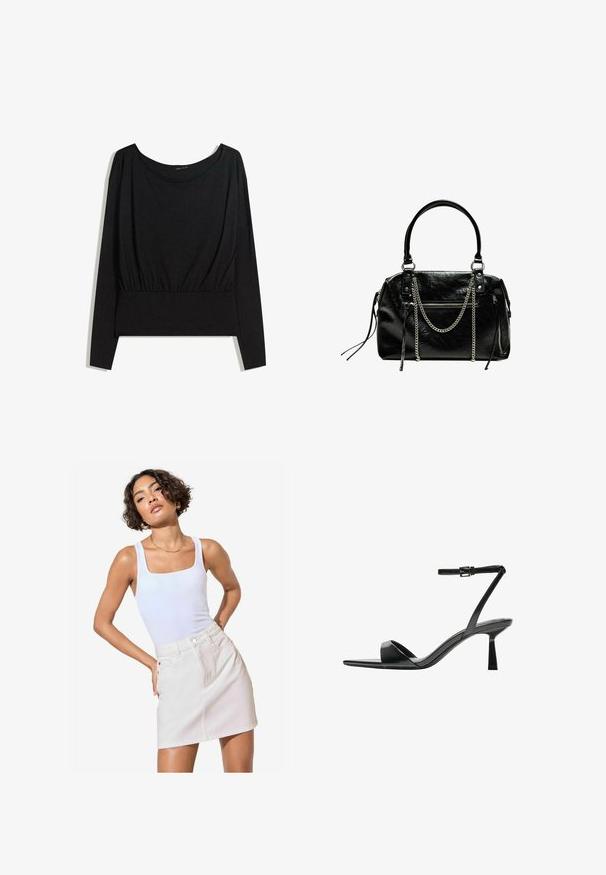 Top negru cu mânecă lungă, cu un decolteu larg, talie strânsă și textură netedă. Design simplu, fără modele sau accesorii distincte.; Top alb cu decolteu pătrat, asortat cu o fustă mini din denim bej deschis, având buzunare frontale și detalii subtile de cusătură.; Bershka Sandale cu toc - black; Bershka WITH CHAIN - Geantă de mână - black