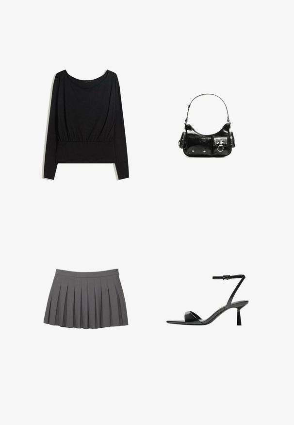 Zwarte lange mouwen top met een brede halslijn, gathering in de taille en een gladde textuur. Eenvoudig ontwerp zonder patronen of opvallende hardware.; Grijze geplooide minirok met een knoopband en een kleine logo-versiering aan de rechterkant.; Bershka Sandalen met hoge hak - black; Zwarte laarzen in lakleer met een gebogen vorm, één schouderband, voorvakken en accenten in zilverkleurig metaal.
