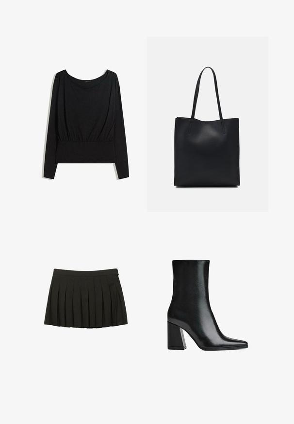 Top nero a maniche lunghe con scollatura ampia, vita arricciata e texture liscia. Design semplice senza motivi o hardware distintivi.; Gonna mini plissettata nera con fascia in vita aderente e chiusura con zip laterale, esposta su uno sfondo bianco.; Stivali neri in pelle fino alla caviglia con punta affilata e tacco alto a blocco. Texture liscia con una silhouette elegante e un design di base solido.; Borsa tote in pelle nera con texture liscia, forma rettangolare e due manici lunghi. Nessun hardware o decorazione visibile.