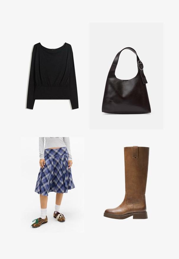 Črna dolgosleeve majica z širokim izrezom, zbranim pasom in gladko teksturo. Preprost dizajn brez vzorcev ali izrazitih dodatkov.; Modra karirana midi krila z gubci, narejena iz mehke tkanine. V kombinaciji s svetlo rjavimi čevlji z barvitimi vezalkami in belimi nogavicami.; Bralne usnjene škornje do kolen z zaobljenim nosom, teksturirano površino in nizkim platiščem. Imajo stranski panel in zanko za poteg na vrhu.; Rjava usnjena torba za ramo z gladko teksturo, okroglo obliko, širokim trakom in krožno kovinsko akcenco na ročaju.