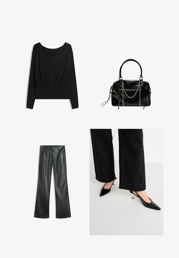 Čierny dlhý rukáv top s širokým výstrihom, zúženým pásom a hladkou textúrou. Jednoduchý dizajn bez vzorov alebo výrazného hardvéru.; Čierne faux kožené rozšírené nohavice s hladkou textúrou, dizajnom s piatimi vreckami, predným zipsom a kontrastným šitím.; Simmi London JUNE - Klasické lodičky na opätku - black; Bershka WITH CHAIN - Kabelka - black