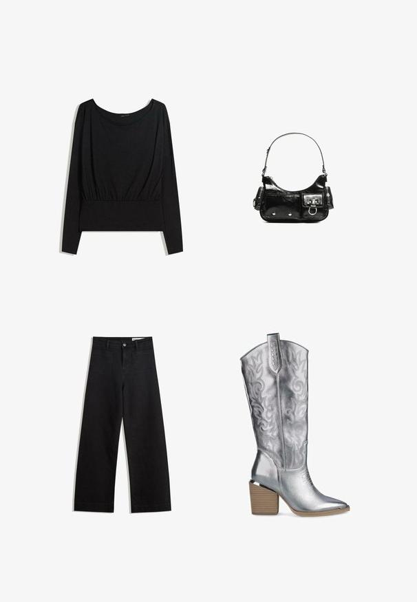 Top nero a maniche lunghe con scollatura ampia, vita arricciata e texture liscia. Design semplice senza motivi o hardware distintivi.; Pantaloni in denim neri a gamba larga con vita alta, dotati di tasche anteriori e posteriori, cuciture a punto, e chiusura con bottone. Texture liscia.; Stivale da cowboy in metallo argentato con ricami intricati, punta affusolata e tacco in legno impilato. Texture liscia con dettagli decorativi.; Borsa a spalla in vernice nera con forma curvata, una tracolla, tasche frontali e dettagli in metallo argentato.