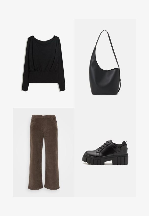Černý dlouhý rukáv top s širokým výstřihem, nařaseným pasem a hladkou texturou. Jednoduchý design bez vzorů nebo výrazného kování.; Hnědé kordové kalhoty s širokým střihem, s knoflíkovým zapínáním, poutky na opasek a předními kapsami. Jemná textura a žebrovaná látka.; Černé kožené platformové boty s masivním blokovým podpatkem, kulatou špičkou a tradičním šněrováním. Mají hladký povrch a minimální detaily.; Černá kožená hobo taška s hladkým povrchem, zakřiveným tvarem a jedním nastavitelným popruhem; má široké otevírání nahoře.