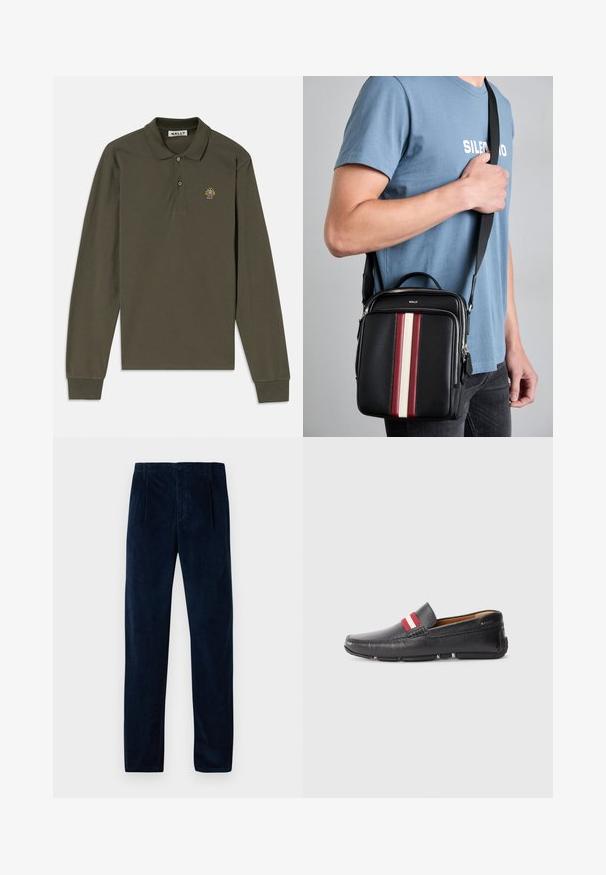 Polo majica dugih rukava u maslinasto zelenoj boji od pamuka s ovratnikom, dva dugmeta i šarenim izvezenim logotipom na lijevoj strani prsnog džepa.; Tamno plave kord kord pantalone s prednjim nabora, petljama za pojas, bočnim džepovima i zatvaranjem na dugme i patentni zatvarač, prikazane ravno na bijeloj pozadini.; Crne kožne cipele na vezanje s teksturiranom površinom, crvenim i bijelim prugastim akcentom na gornjem dijelu, zaobljenim vrhom i gumeni potplat.; Crna kožna torba preko tijela s okomitim prugama u crvenoj, bijeloj i bež boji. Ima gornju ručku i podesivu traku. Vidljivo zatvaranje na zatvarač.