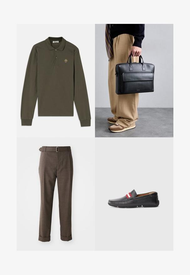 Koszula polo z długim rękawem w oliwkowym kolorze, wykonana z bawełny, z kołnierzykiem, dwiema guzikami oraz kolorowym haftowanym logo na lewej piersi.; Brązowe dopasowane spodnie z teksturowanej tkaniny, z paskiem i podwiniętymi mankietami. Projekt zawiera płaski przód i boczne kieszenie.; Czarne skórzane buty wsuwane z teksturowaną powierzchnią, z czerwono-białym paskiem na cholewce, zaokrąglony nos oraz gumowa podeszwa.; Czarna skórzana teczka z dwoma uchwytami u góry, przednią kieszenią na zamek błyskawiczny i gładką teksturą. Prosty design z subtelnym detalem brandingu.
