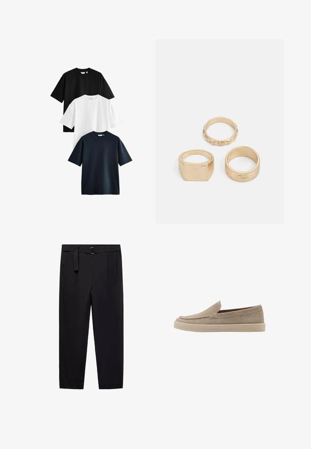 Tričko s krátkym rukávom, čierne, biele a námornícke modré, usporiadané nad sebou. Vyrobené z bavlny, s klasickým okrúhlym výstrihom a voľným strihom.; Čierne nohavice s rovným strihom, pútka na opasok a odnímateľný opasok. Hladká tkanina s bočnými vreckami a bez viditeľných vzorov alebo kovania.; Béžové semišové nazúvacie topánky s zaokrúhlenou špičkou, nízkym profilom a textúrovaným povrchom. Obsahujú jemné prešívanie pozdĺž zvršku.; Tri zlaté prstene: prsteň štvorcového tvaru s malým kameňom, textúrovaný prsteň s drážkami a hladký, lesklý prsteň s dvoma drážkami.