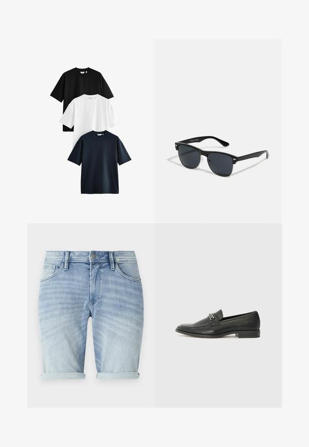 Kolm lühikeste varrukatega T-särki, kuhjatuna: üks must, üks valge ja üks tumesinine. Valmistatud puuvillast, ümarate kaelustega ja mugava lõikega.; Heledad sinised teksashortsid, millel on kulunud viimistlus, keeratudäärised, ees taskud ja metallnööp kinnitamiseks vööl.; Must haveate nahkking punased, millel on sile viimistlus, tikitud muster ja dekoratiivne metallkett vampi üle. Tasane konts.; Mustad mustmikrooni kujuga mustad prillid, tumedate klaasidega, hõbedased detailid templite juures ja mati viimistlusega raam.