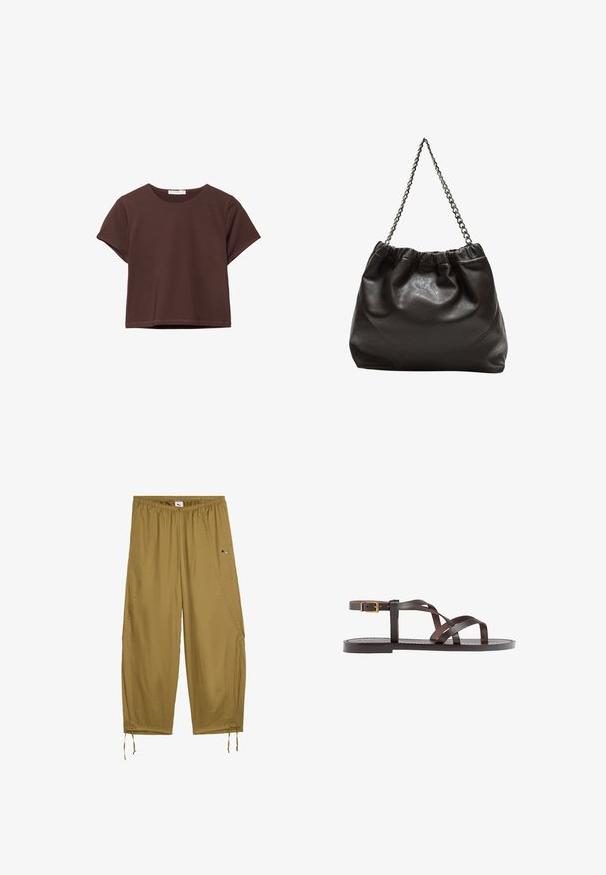 Krótki brązowy top z krótkim rękawem i okrągłym dekoltem, zaprezentowany na białym tle.; Lekkie, luźne spodnie wykonane z tkaniny khaki. Posiadają elastyczny pas, boczne kieszenie oraz ściągacze na nogawkach. Mały akcent z logo.; Brązowe skórzane sandały z krzyżującymi się paskami, zapięciem na klamrę przy kostce oraz płaską podeszwą z minimalnymi detalami szycia.; Brązowa skórzana torba z marszczonym szczytem i łańcuszkowym paskiem. Gładka tekstura z błyszczącym wykończeniem i subtelnymi detalami szwów po bokach.