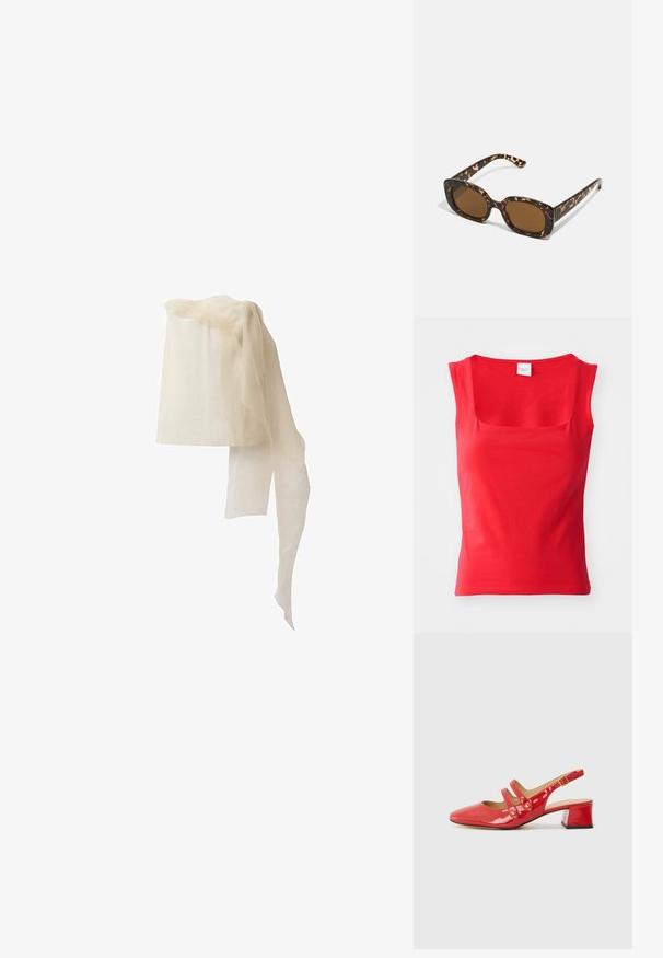 Červený top s krátkým rukávem vyrobený z hladké tkaniny, s čtvercovým výstřihem a přiléhavým střihem, s čistými, rovnými lemy.; Lněný pokrývací kousek v off-white barvě, v cylindrickém tvaru s jemným, splývavým šátkem přehnutým přes vrchol, který má měkkou, průsvitnou texturu.; Červená lakovaná kožená dámská botička na podpatku s špičatou špičkou, dvoupáskovým designem s kruhovými akcenty a nízkým blokovým podpatkem.; Sluneční brýle ve skořápce želvy s kulatým, širokým rámem a hnědými čočkami. Mají jemné vzory a rovné, zúžené stranice.