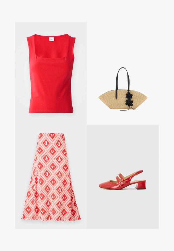 Top roșu, cu mâneci scurte, realizat dintr-un materialNeted, cu un decolteu pătrat și o siluetă ajustată, având linii de tiv clare și drepte.; Fustă cu un model roșu și alb, prezentând un design în diamond cu mici motive florale și o formă evazată, realizată dintr-un material neted.; Pantofii slingback din piele roșie patentată, cu vârful ascuțit, design cu două curele și accente circulare, și toc mic, de tip bloc.; Geantă de paie cu un design larg, în formă de evantai, mânere din piele neagră și accente florale negre pe o parte.