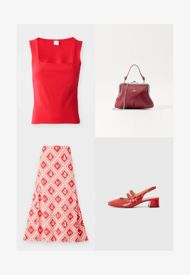 Red, short-sleeve top made of smooth fabric with a square neckline and a fitted silhouette, featuring clean, straight hem lines.; Red and white patterned skirt featuring a diamond design with small flower motifs and a flared shape, made from a smooth fabric.; Red patent leather slingback shoe with a pointed toe, two strap design featuring circular accents, and a low block heel.; Red leather handbag with a silver chain strap, rounded shape, pleated design, and a metal clasp at the top. Embellished with a logo detail.
