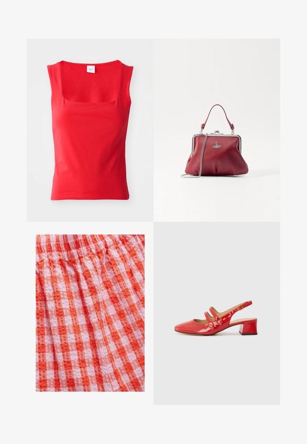 Top rojo de manga corta, hecho de una tela suave con un escote cuadrado y una silueta ajustada, que presenta líneas de dobladillo limpias y rectas.; Tejido a cuadros en rojo y rosa con un acabado texturizado, que presenta una cintura fruncida y un diseño con pliegues. El material parece ligero y transpirable.; Zapato de charol rojo con tira trasera, punta afilada, diseño de dos correas con acentos circulares y tacón bajo cuadrado.; Bolso de mano de cuero rojo con una correa de cadena plateada, forma redondeada, diseño plisado y un cierre de metal en la parte superior. Metido con un detalle de logo.