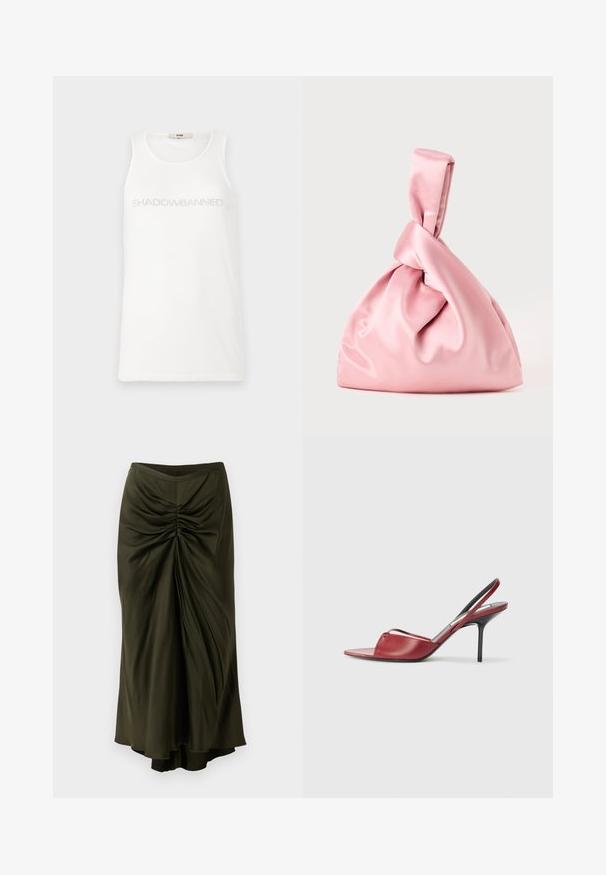 Balta beisbolo marškinėliai pagaminti iš minkštos medžiagos. Priekyje ant krūtinės užrašas "SHADOWBANNED" šviesiai pilkos spalvos. Paprastas, be rankovių dizainas.; Raiščiuotas alyvuogių žalias sijonas, pagamintas iš lygaus, plaukuojančio audinio. Turi aukštą liemenį ir asimetrišką kraštą, suteikiantį papildomą dimensiją.; Raudoni odiniai slingback aukštakulniai sandalai su smailiu atviru pirštu, plona juostele per pėdą ir siauru stiletu.; Rožinė satino rankinė su mazgu viršuje, pasižyminti lygiu paviršiumi ir minkšta, apvalia forma. Sukurta saugiam, susirauktam išvaizdai.