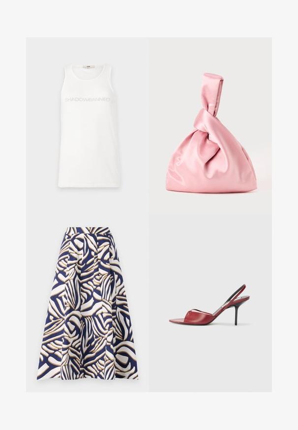 Biely tielko vyrobené z mäkkej tkaniny. Na hrudi je nápis "SHADOWBANNED" v svetlo šedej farbe. Jednoduchý dizajn bez rukávov.; Sukňa do dĺžky kolien vyrobená z bavlny, s námorníckou modrou farbou a výraznými bielymi a zlatými abstraktnými vzormi; plisé dodáva objem.; Červené kožené sandále na podpätku s otvorenou špičkou, tenkým remienkom cez nôžku a úzkym stiletto podpätkom.; Ružová saténová taška s uzlovým vrchom, s hladkou textúrou a jemným, zaobleným tvarom. Navrhnutá pre bezpečný, zhromaždený vzhľad.