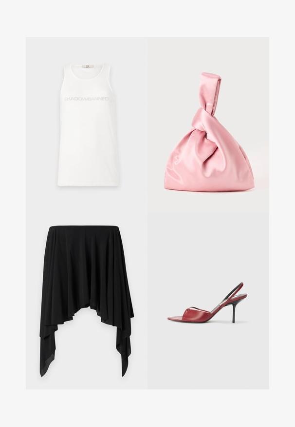 Bílý top na ramínka vyrobený z měkké látky. Na hrudi je nápis "SHADOWBANNED" v světle šedé barvě. Jednoduchý, bezrukávový design.; Černá asymetrická sukně vyrobená z jemné látky, s drapériemi a širokým pasem, vytvářející proudící siluetu.; Červené kožené sandály na vysokém podpatku se špičatým otevřeným špičkou, tenkým páskem přes nohu a úzkým stiletto podpatkem.; Růžová saténová taška s uzlem na vrchu, s hladkým povrchem a jemným, zaobleným tvarem. Navržena tak, aby měla bezpečný, stažený vzhled.; Náušnice na visících uších se třemi velkými čtvercovými a obdélníkovými červenými drahokamy, každé obklopené menšími čirými rhinestony v zlatých rámcích.