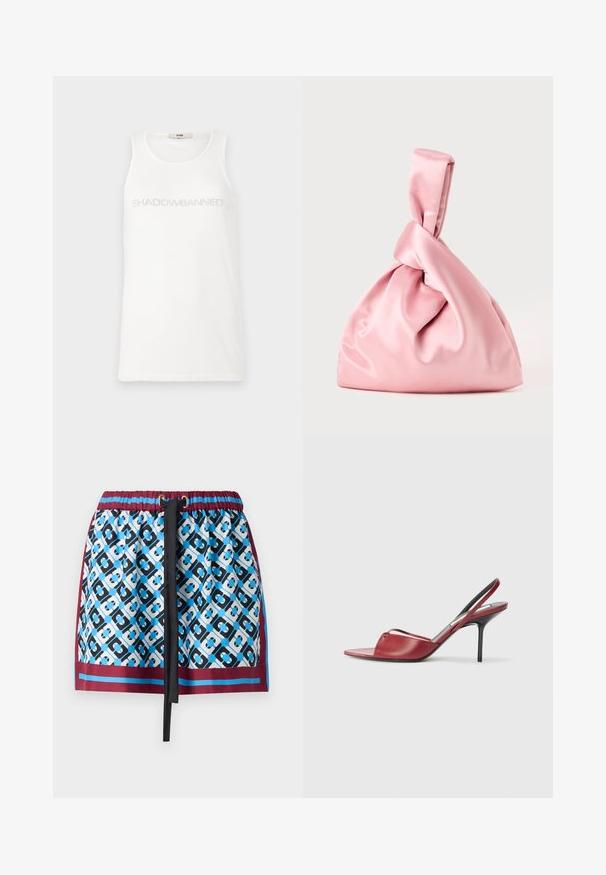 Bílý top na ramínka vyrobený z měkké látky. Na hrudi je nápis "SHADOWBANNED" v světle šedé barvě. Jednoduchý, bezrukávový design.; Krátká sukně s modro-černým geometrickým vzorem, elastický pas se šnůrkou a bordó lemem na dolním okraji.; Červené kožené sandály na vysokém podpatku se špičatým otevřeným špičkou, tenkým páskem přes nohu a úzkým stiletto podpatkem.; Růžová saténová taška s uzlem na vrchu, s hladkým povrchem a jemným, zaobleným tvarem. Navržena tak, aby měla bezpečný, stažený vzhled.; Náušnice na visících uších se třemi velkými čtvercovými a obdélníkovými červenými drahokamy, každé obklopené menšími čirými rhinestony v zlatých rámcích.