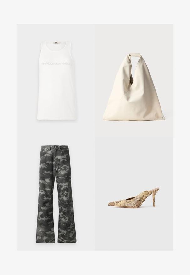 Valge tank top pehmest kangast. Rindkere kohal on helesinise tekstiga kirjutatud sõna "SHADOWBANNED". Lihtne, ilma varrukateta disain.; Tumedates hallid ja mustad kamuflaažikated sirged säärega teksad, millel on nupud ja luku sulgemine ning ees taskud.; Naba-kontu slingback kontsad, mis on valmistatud tekstuurse madu-prindiga, beežide ja pruuni toonidega; sisaldab stilletot ja lõigatud külgi.; Beige, pehmea tekstuuriga kott, millel on ainulaadne keeratud käepide ja diagonaalsed õmblused. Minimalistlik disain ümmarguse aksessuaari ehk detailiga põhjas.