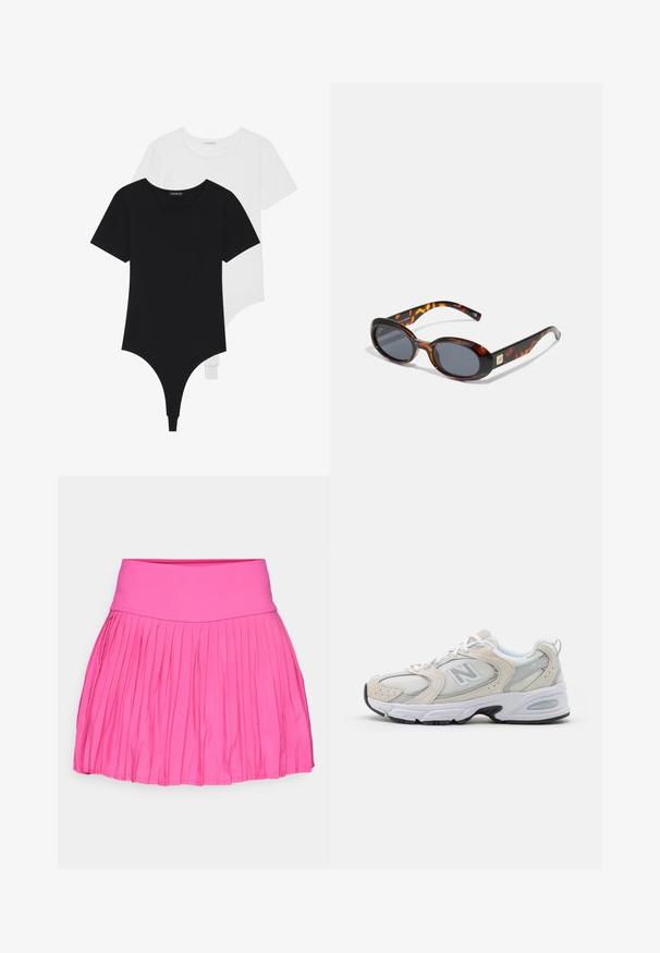 Bodysuits cortos de manga corta en blanco y negro con cuellos redondos y parte trasera tipo tanga, fabricados en un tejido suave y elástico.; Falda plisada rosa con una cinturilla ancha, hecha de un material elástico. Presenta plisados verticales que se extienden hasta el dobladillo.; Zapatilla deportiva con parte superior de malla gris claro y acentos de ante, cordones blancos y suela de goma negra. Detalle notable de amortiguación ABZORB.; Gafas de sol de carey marrón con lentes ovalados y tinte gris oscuro. Presentan un acento dorado en las patillas. Textura de plástico suave.; Aros de plata en forma de aro con un acabado liso y brillante. Diseño redondeado y ligero, con cierre de tipo post-back.