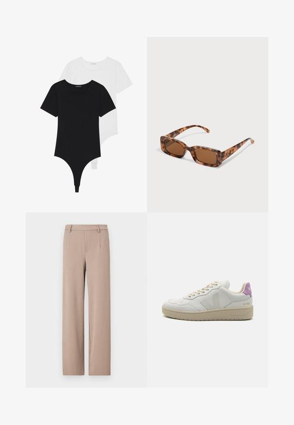 Body-uri scurte din materiale negre și albe, cu mâneci scurte, decolteu rotund și fund întreg tip thong, fabricate dintr-un material neted și elastic.; Pantaloni bej deschis, cu croi drept, design personalizat și buzunare laterale, cu o textură fină și talie.; Adidași din piele albă cu o talpă bej, șireturi bej și un accent violet la călcâi. Include detalii perforate și un logo pe lateral.; Ochelari de soare cu rama țestoasă, cu lentile rectangulare maro, o ramă groasă și brațe subțiri, prezentând un model cu nuanțe variate de maro.