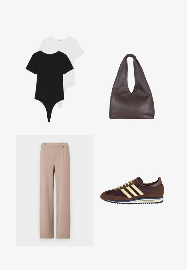 Czarno-białe bodysuits z krótkim rękawem, okrągłymi dekoltami i majtkami typu thong, wykonane z gładkiego, elastycznego materiału.; Jasno beżowe spodnie charakteryzujące się prostym krojem, dopasowanym fasonem oraz przednimi kieszeniami, z gładką fakturą i paskiem w talii.; Brązowe i burgundowe sneakersy wykonane z zamszu i siateczkowych materiałów, z trzema kremowymi paskami, teksturowanym materiałem na języku i gumową podeszwą.; Brązowa skórzana torba o luźnym, oversize'owym kroju. Posiada pętle do noszenia oraz głębokie V-kształtne otwarcie dla łatwego dostępu. Miękka tekstura, minimalistyczny styl.