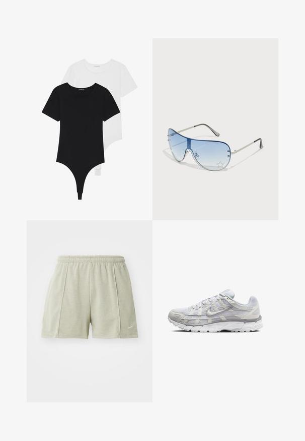 Bodysuits cortos de manga corta en blanco y negro con cuellos redondos y parte trasera tipo tanga, fabricados en un tejido suave y elástico.; Nike Sportswear Pantalones deportivos - light army/sail; Zapatillas deportivas de color gris claro con una parte superior de malla y sintético, que cuentan con un cierre de cordones, collar acolchado y suela texturizada para mayor agarre.; Gafas de sol tipo aviador con lentes azul degradado, montura de metal plateado y acentos decorativos de estrellas en los lentes. Diseño suave y elegante.