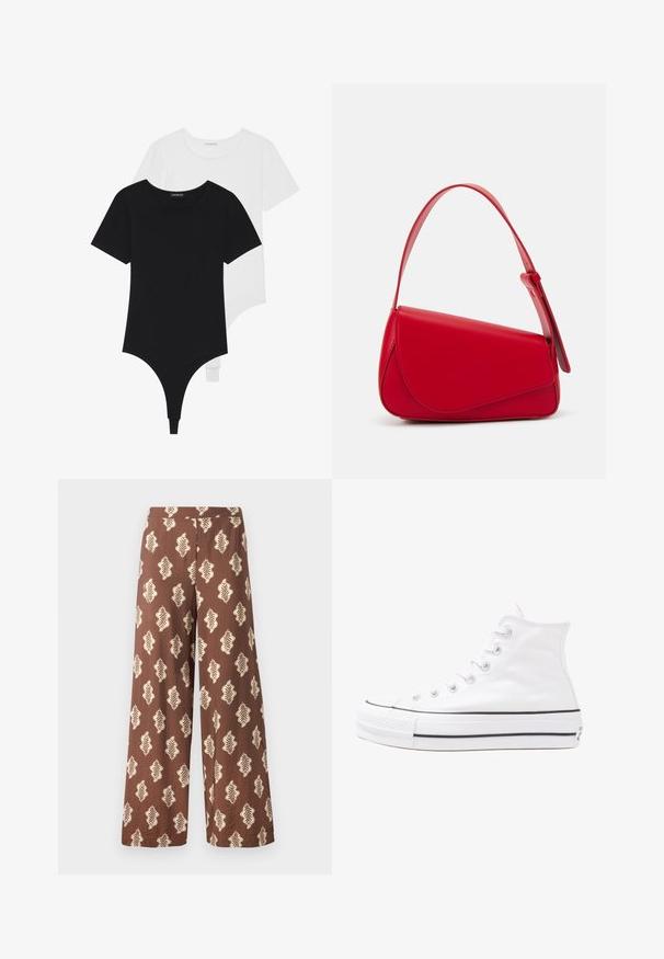 Black and white short-sleeve bodysuits with round necklines and thong bottoms, made from smooth, stretchable fabric.; Wide brown pants made of fabric with a textured surface, featuring a repeating leaf pattern in cream color. Elastic waistband.; White high-top canvas sneaker with black rubber sole, front rubber toe cap, and six eyelets for laces, featuring a clean, minimalist design.; Red leather handbag with an angular, geometric design. Features a single adjustable strap and a flap closure with stitched detailing.