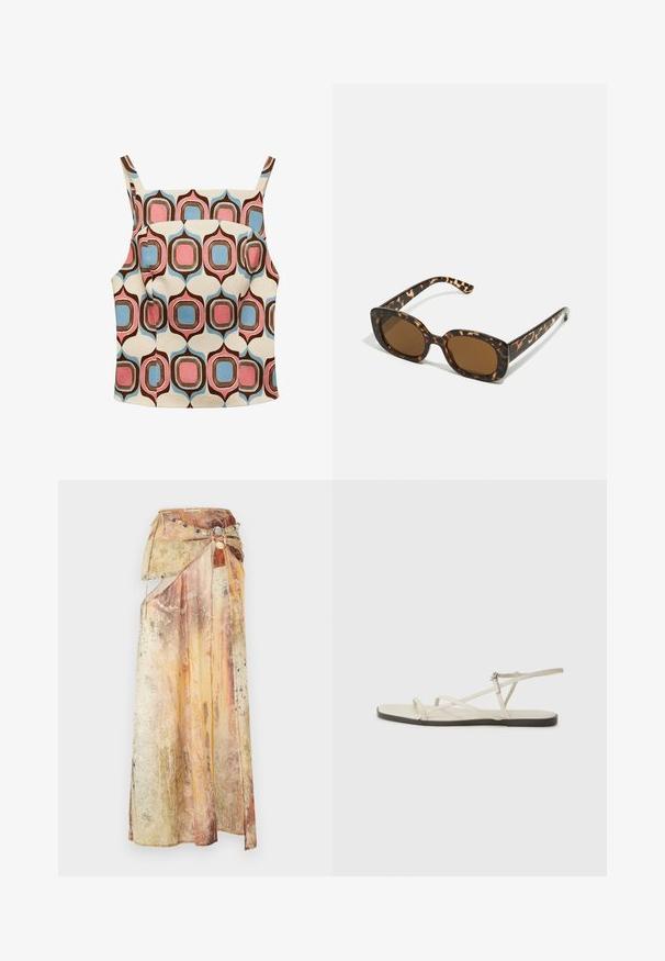 Mango Top - multi-coloured; Dolga, drapirana krila iz večplastne, teksturirane tkanine v toplih odtenkih rumene, oranžne in rjave barve. Ima dekorativen nakitni pas.; Beige ravne sandale z več tankimi trakovi in nastavljivim zaponcem. Podplat je raven z rahlo temnim kontrastom na robu.; Sončna očala iz kornjačine s poudarjenim, okroglim okvirjem in rjavimi lečami. Imajo subtilne vzorce in ravne, zožene ročke.