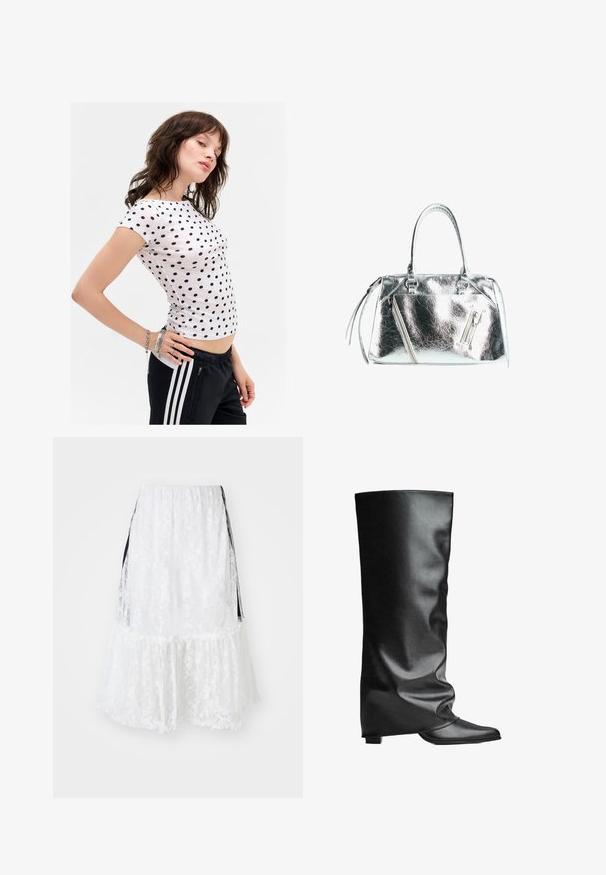 Valkoinen lyhythihainen t-paita, jossa on tummansiniäisiä pilkkuja, neuletunmuotoinen malli, pyöreä kaula-aukko ja huomaamattomat sivusaumat. Pukeutunut mustiin urheiluhousuihin.; Valkoinen pitsihame, jossa on kerroksellinen muotoilu, skaalautuva helma ja mustat sivukorostukset. Rakenteellinen kangas kukkakuviolla.; Mustat nahkaiset polven yli ulottuvat saappaat, joissa on sileä pinta, löysä muotoilu, terävä sääntö ja matala neliömäinen korko. Minimalistinen tyyli ilman näkyvää metalliosaa.; Metallinen hopeinen käsilaukku, jossa on rakenteellinen muoto, kaksi ylhäällä olevaa kahvaa ja vetoketjulliset taskut edessä. Sujuva, kiiltävä pinta.