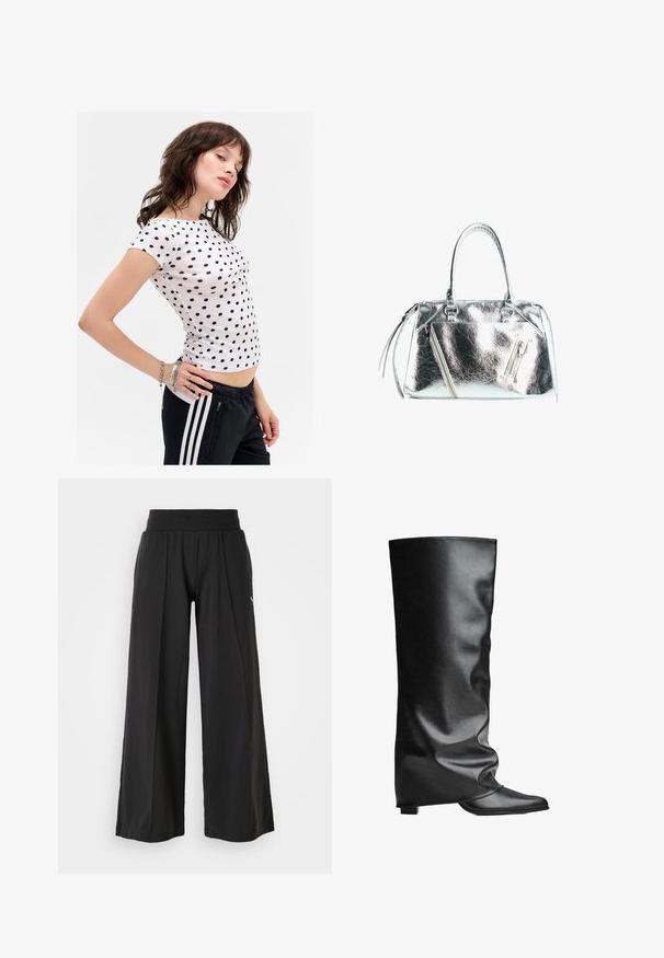 Witte korte mouwen t-shirt met marineblauwe stippen, gefitte ontwerp, ronde hals en subtiele zijnaad. Gemaakt met zwarte trainingsbroek.; Zwarte wijde broek met een geweven stof, elastische tailleband en PUMA-logo accent. Eenvoudig ontwerp met een casual pasvorm.; Zwarte leren laarzen tot de knie met een gladde textuur, een slonzek ontwerp, puntige neus en een lage vierkante hak. Minimalistische stijl zonder zichtbare hardware.; Metalen zilveren handtas met een gestructureerde vorm, twee bovenhandvaten en ritszakken aan de voorkant. Gladde, glanzende textuur.