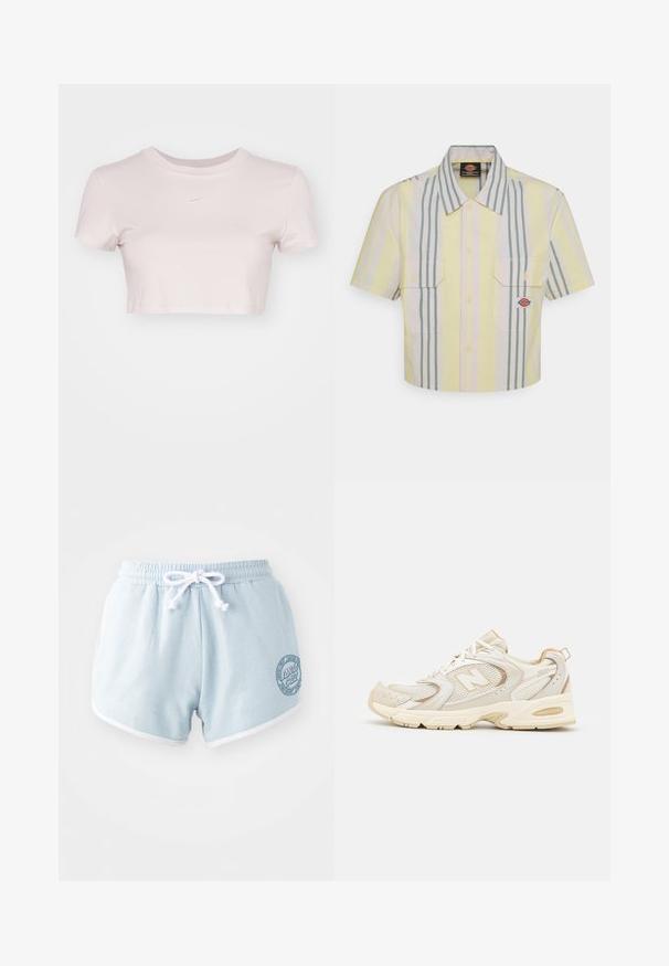 Przycięta koszulka w jasnym różu, wykonana z miękkiego materiału. Posiada okrągły dekolt i krótkie rękawy z małym białym logo Nike na klatce piersiowej.; Skórzana koszula z krótkim rękawem w jasnym żółtym kolorze z pionowymi zielonymi i pastelowymi paskami. Posiada dwie kieszenie na piersi oraz naszywkę z logo na lewej kieszeni.; Jasnoniebieskie szorty z miękkiego materiału z białym sznurkiem do regulacji, z białymi wykończeniami i okrągłą naszywką z logo po boku.; Beżowe buty sportowe z siateczkowymi i syntetycznymi nakładkami, z teksturowaną powierzchnią, wyściełanym kołnierzem oraz amortyzacją "ABZORB" w pięcie.