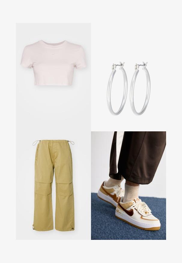 Lyhyt vaaleanpunainen t-paita, joka on valmistettu pehmeästä kankaasta. Siinä on pyöreä pääntie ja lyhyet hihat, sekä pieni valkoinen Nike-logo rinnassa.; Kahkiväriset cargo-housut, joissa on leveät lahkeet, joustava vyötärö, etutaskut ja säädettävät nyörit lahkeissa. Valmistettu kevyestä kankaasta.; Nike Sportswear AIR FORCE 1 SHADOW - Matalavartiset tennarit - sail/cacao wow/flax/sesame/white/light brown; Hope-silver rengas, joissa on sileä ja kiillotettu pinta. Pyöreä muoto ja turvallinen napsautettava lukitus. Kevyt muotoilu sopii päivittäiseen käyttöön.