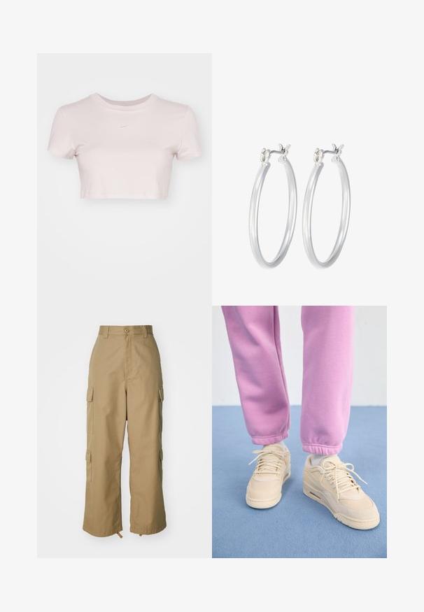 Skraćené tričko svetloružovej farby, vyrobené z mäkkej tkaniny. Má okrúhly výstrih a krátke rukávy s malým bielym logom Nike na hrudi.; béžové cargo nohavice s vysokým pásom, širokými nohavicami a štyrmi veľkými bočnými vreckami. Vyrobené z odolnej tkaniny s hladkou textúrou a minimálnymi detailmi.; Béžové tenisky s textúrovaným zvrškom, polstrovaným jazykom a šnurovaním, spárované so štíhlymi ružovými teplákmi s rebrovanými lemami.; Strieborné kruhové náušnice s hladkým, lesklým povrchom. Kolový tvar a bezpečné klikanie na uzatváranie. Ľahký dizajn vhodný na každodenné nosenie.