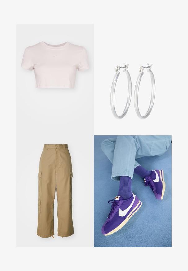 Lühikeste varrukatega helesinine lühikesed T-särk, valmistatud pehmest kangast. Omab ümmargust kaelaauku ja rinnal on väike valge Nike logo.; Beezid kargo püksid kõrge vöökohaga, laiad jalad ja neli suurt külgtaskut. Valmistatud vastupidavast kangast, millel on sile tekstuur ja minimaalne detail.; Nike Sportswear CORTEZ - Tossud - field purple/summit white/alabaster; Hõbedased rõngaskõrvarõngad, millel on sile, läikiv viimistlus. Ümmargune kuju ja turvaline klõpsulatus. Kerge disain, sobib igapäevaseks kandmiseks.