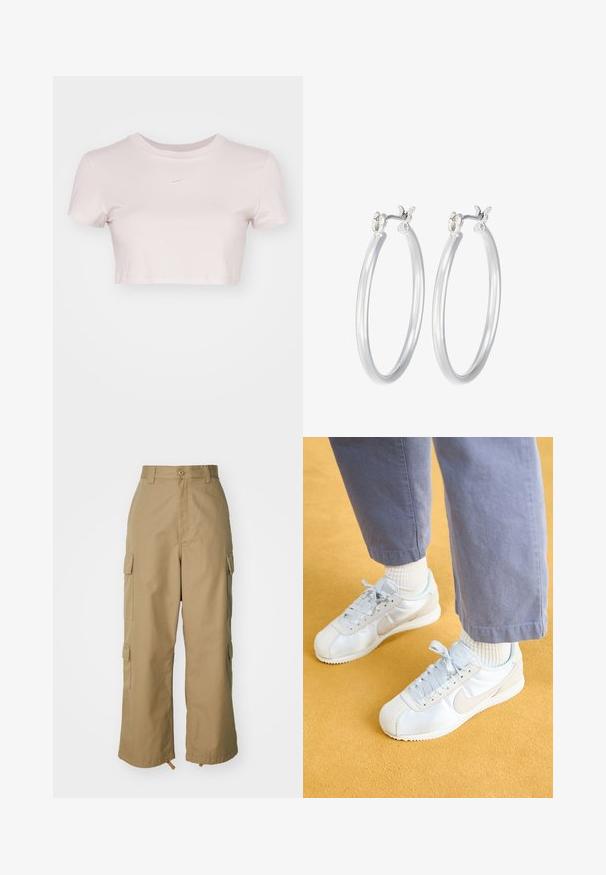 Kratka majica v svetlo rožnati barvi, izdelana iz mehke tkanine. Ima krojen izrez in kratke rokave ter majhen bel Nike logo na prsih.; Bežne cargo hlače z visokim pasom, širokimi nogami in štirimi velikimi stranskimi žepi. Narejene so iz trpežnega materiala z gladko teksturo in minimalnimi detajli.; Bele športne čevlje iz usnja in sintetičnih materialov. Svetlo modri detajli in vezalke. Nosijo se z svetlimi nogavicami in sivimi hlačami.; Srebrni obroči za ušesa z gladko, polirano površino. Okrogla oblika in varna zaponka s klikom. Lahka zasnova, primerna za vsakodnevno nošenje.