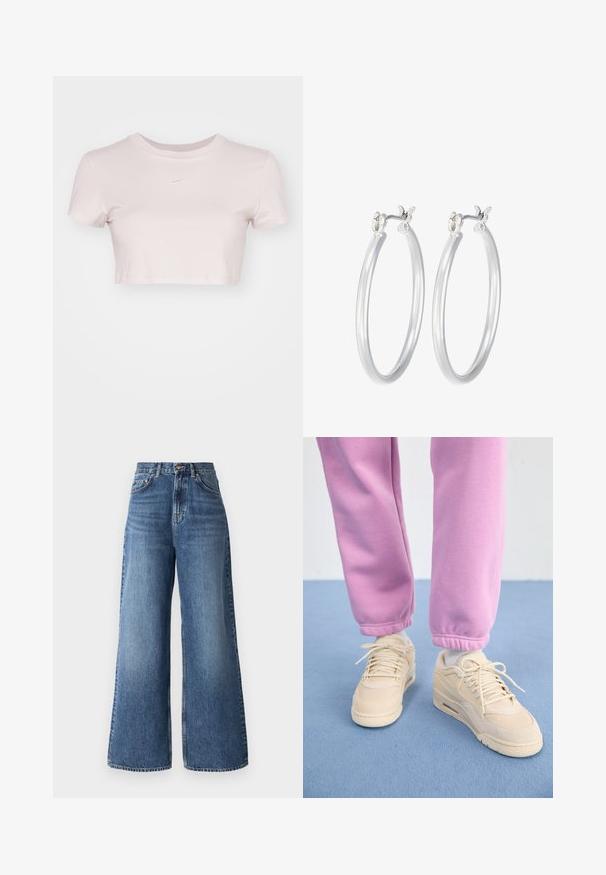 Gekürztes T-Shirt in Hellrosa, aus weichem Stoff gefertigt. Verfügt über einen Rundhals-Ausschnitt und kurze Ärmel mit einem kleinen weißen Nike-Logo auf der Brust.; Hochtaillierte, lässige Jeans aus hellblauem Denim mit einem klassischen Fünf-Taschen-Design und dezentem Verblassen entlang der Beine.; Beige Sneaker mit strukturiertem Obermaterial, gepolstertem Zungenbereich und Schnürverschluss, kombiniert mit taillierten rosa Jogginghosen mit gerippten Säumen.; Silberne Creolen mit einer glatten, polierten Oberfläche. Runder Form und sicherem Klickverschluss. Leichtes Design, geeignet für den täglichen Gebrauch.