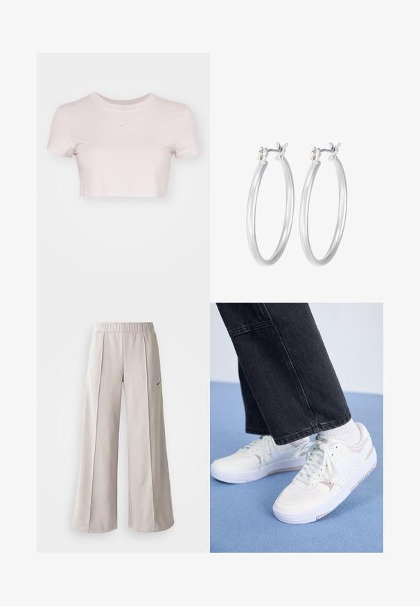 T-shirt accorciato di colore rosa chiaro, realizzato in tessuto morbido. Presenta un collo tondo e maniche corte con un piccolo logo Nike bianco sul petto.; Pantaloni ampi grigio chiaro realizzati in tessuto liscio. Presentano una vita elastica e il logo Nike nero sul lato sinistro.; Sneakers bianchi con accenti rosa, tomaia in pelle liscia, punta rotonda e chiusura con lacci, abbinati a pantaloni di jeans neri, appoggiati su una superficie blu.; Orecchini a cerchio in argento con una finitura liscia e lucida. Forma rotonda e chiusura a scatto sicura. Design leggero adatto per l'uso quotidiano.