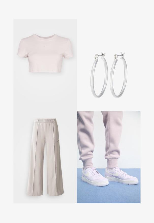 Cropped T-shirt in light pink, made of soft fabric. Features a crew neck and short sleeves with a small white Nike logo on the chest.; Light gray wide-leg pants made of smooth fabric. Features an elastic waistband and black Nike logo on the left side.; Nike Sportswear AIR FORCE 1 - Trainers - barely grape/sail/volt/black; Silver hoop earrings with a smooth, polished finish. Round shape and secure click-top closure. Lightweight design suitable for everyday wear.