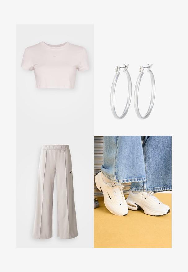 Kratka majica v svetlo rožnati barvi, izdelana iz mehke tkanine. Ima krojen izrez in kratke rokave ter majhen bel Nike logo na prsih.; Svetlo sivi široki hlače iz gladkega materiala. Imajo elastični pas in črni Nike logotip na levi strani.; Beli Nike teniske z teksturiranim dizajnom, črnimi detajli in zračno blazino. Postavljene pod svetlo modrim džinsom s raztrganimi robovi.; Srebrni obroči za ušesa z gladko, polirano površino. Okrogla oblika in varna zaponka s klikom. Lahka zasnova, primerna za vsakodnevno nošenje.