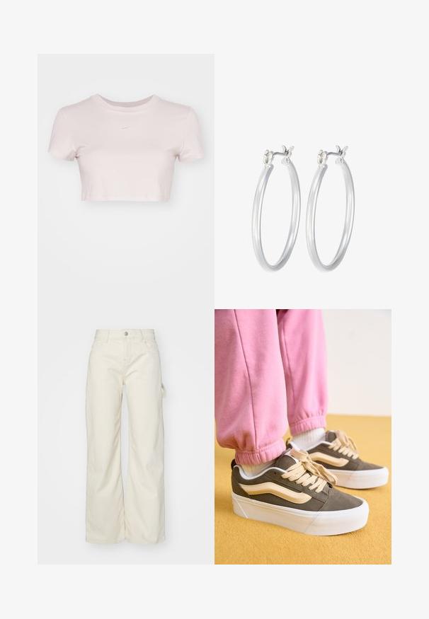 Przycięta koszulka w jasnym różu, wykonana z miękkiego materiału. Posiada okrągły dekolt i krótkie rękawy z małym białym logo Nike na klatce piersiowej.; Spodnie o szerokich nogawkach w jasnym beżowym kolorze, z wysokim stanem, przednimi kieszeniami oraz bocznym detalem w postaci pętli dla zwiększenia funkcjonalności.; Sneakers z oliwkową zamszową cholewką, kremowymi akcentami i grubą białą podeszwą. W połączeniu z różowymi spodniami dresowymi z mankietami, stojąc na żółtej powierzchni.; Srebrne kolczyki w formie kółek o gładkim, polerowanym wykończeniu. O okrągłym kształcie i pewnym zapięciu na klik. Lekka konstrukcja odpowiednia do codziennego noszenia.