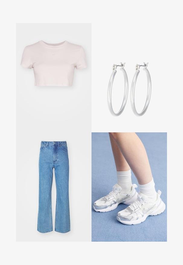 Cropped T-shirt in light pink, made of soft fabric. Features a crew neck and short sleeves with a small white Nike logo on the chest.; Light blue denim jeans, high-waisted with a loose fit and wide legs. Features include a classic button closure and front pockets.; White athletic shoes with mesh and synthetic overlays, featuring a silver Nike swoosh, and paired with ribbed white socks on a blue surface.; Silver hoop earrings with a smooth, polished finish. Round shape and secure click-top closure. Lightweight design suitable for everyday wear.