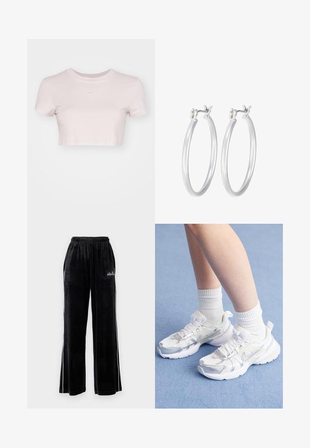 Grezno piegriezts T-krekls gaiši rozā krāsā, izgatavots no mīkstas auduma. Tam ir apaļa apmale un īsas piedurknes, ar mazu balto Nike logo krūtīs.; Ellesse KLOSTERTALER - Treniņtērpa apakšdaļas - black; Baltie sporta apavi ar sieta materiāla un sintētiskajām virsmām, ar sudraba Nike logotipu, un apvienoti ar ribotām baltām zeķēm uz zila fona.; Sudraba riņķveida auss gredzeni ar gludu, pulētu apdari. Apaļa forma un drošs klikšķa augšējais slēgums. Viegls dizains, kas piemērots ikdienas valkāšanai.