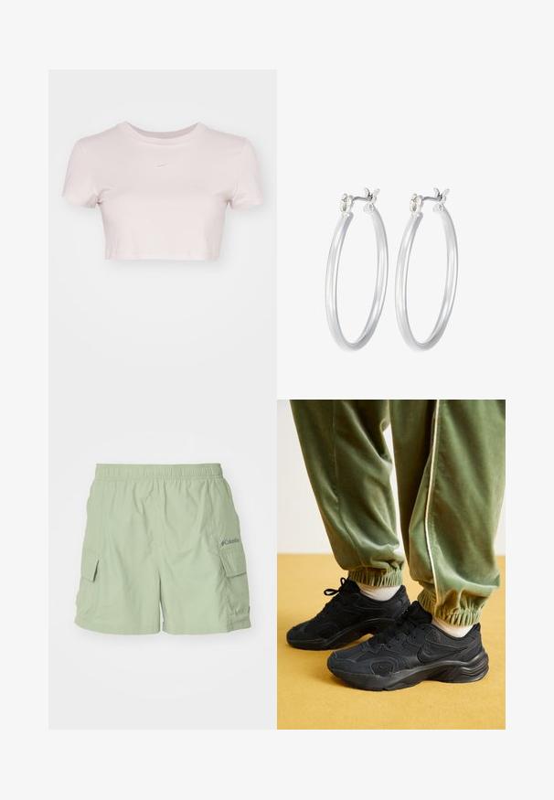 Lyhyt vaaleanpunainen t-paita, joka on valmistettu pehmeästä kankaasta. Siinä on pyöreä pääntie ja lyhyet hihat, sekä pieni valkoinen Nike-logo rinnassa.; Vaaleanvihreät cargo-shortsit, joissa on joustava vyötärö, sivutaskut ja pieni Columbia-logo oikealla puolella. Kevyt kangas.; Mustat urheilukengät, joissa on verkko- ja synteettisiä päällysteitä, teksturoitu pohja, yhdistetty vihreisiin joustaviin hihnallisiin collegehousuihin, keltaisella pinnalla.; Hope-silver rengas, joissa on sileä ja kiillotettu pinta. Pyöreä muoto ja turvallinen napsautettava lukitus. Kevyt muotoilu sopii päivittäiseen käyttöön.