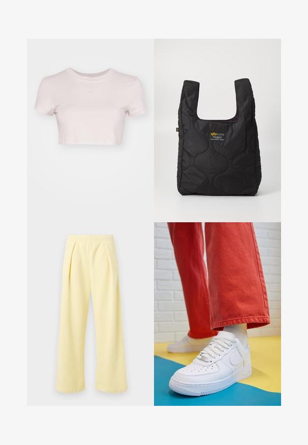Przycięta koszulka w jasnym różu, wykonana z miękkiego materiału. Posiada okrągły dekolt i krótkie rękawy z małym białym logo Nike na klatce piersiowej.; Żółte spodnie o szerokich nogawkach, wykonane z materiału o żebrowanej fakturze, z elastycznym pasem. Z przodu znajdują się zakładki oraz mały haftowany wzór po boku.; Białe skórzane sneakersy z perforowanym czubkiem, teksturowaną podeszwą i białymi sznurowadłami, w połączeniu z szerokimi czerwonymi spodniami na niebiesko-żółtym tle.; Czarny pikowany torba na zakupy z dużym otworem, zakrzywionymi kształtami na powierzchni oraz metką z żółtym i białym tekstem z przodu.