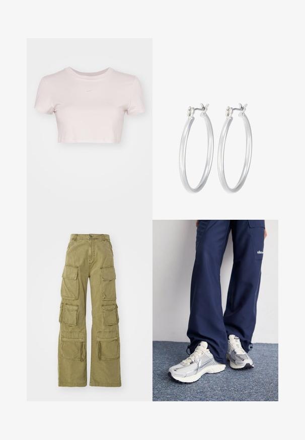 T-shirt accorciato di colore rosa chiaro, realizzato in tessuto morbido. Presenta un collo tondo e maniche corte con un piccolo logo Nike bianco sul petto.; Pantaloni cargo khaki a vestibilità ampia, con numerose tasche utility grandi, dettagli cuciti e chiusura con bottone. Tessuto in cotone resistente.; Scarpe da ginnastica Nike con una tomaia in rete argentata, dettagli bianchi e suole testurizzate, abbinate a pantaloni larghi blu navy.; Orecchini a cerchio in argento con una finitura liscia e lucida. Forma rotonda e chiusura a scatto sicura. Design leggero adatto per l'uso quotidiano.